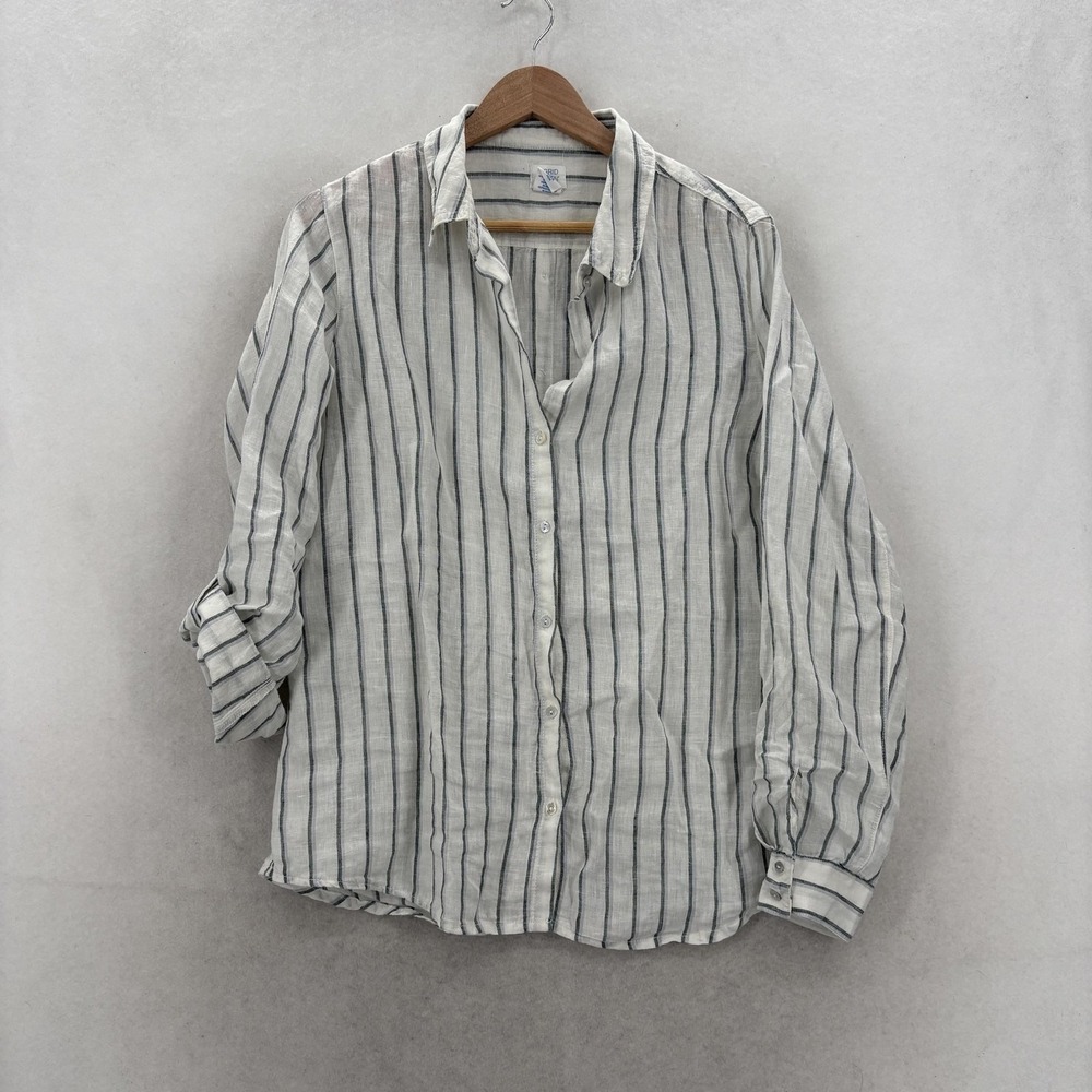 Sigrid Olsen Shirt Womens Large White Striped 100% Linen Button Up Long Sleeve